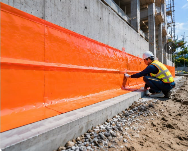 Large construction site with orange barrier installed across multiple slabs